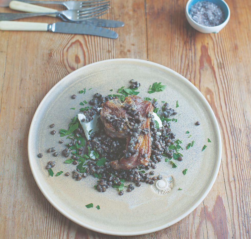 Kid, Lentil and Labneh Salad with Parsley and Dukka